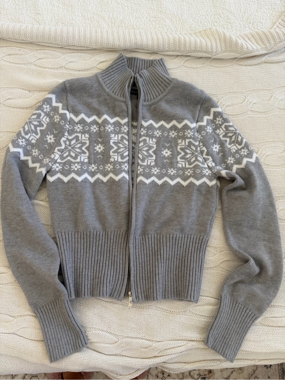 Fashion Nova Gray and White Fair Isle Zip Cardigan